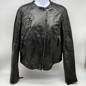 NAF NAF Women’s Black Lambskin Leather Moto Jacket Asymmetrical Zipper- Size 40